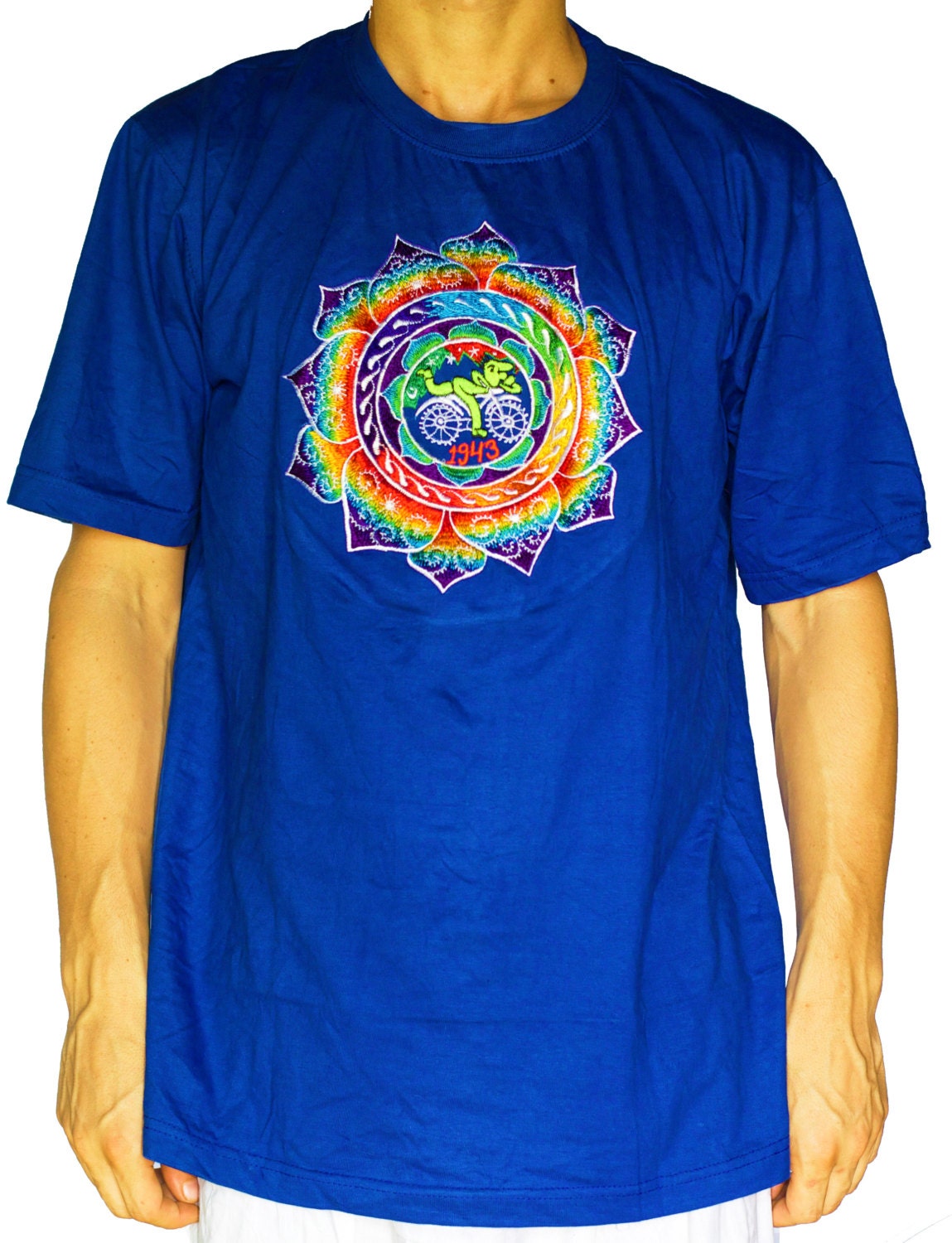 Fractal LSD mandala T-Shirt - rainbow Hofmann Bicycle Day mandala blacklight handmade embroidery no print goa t-shirt