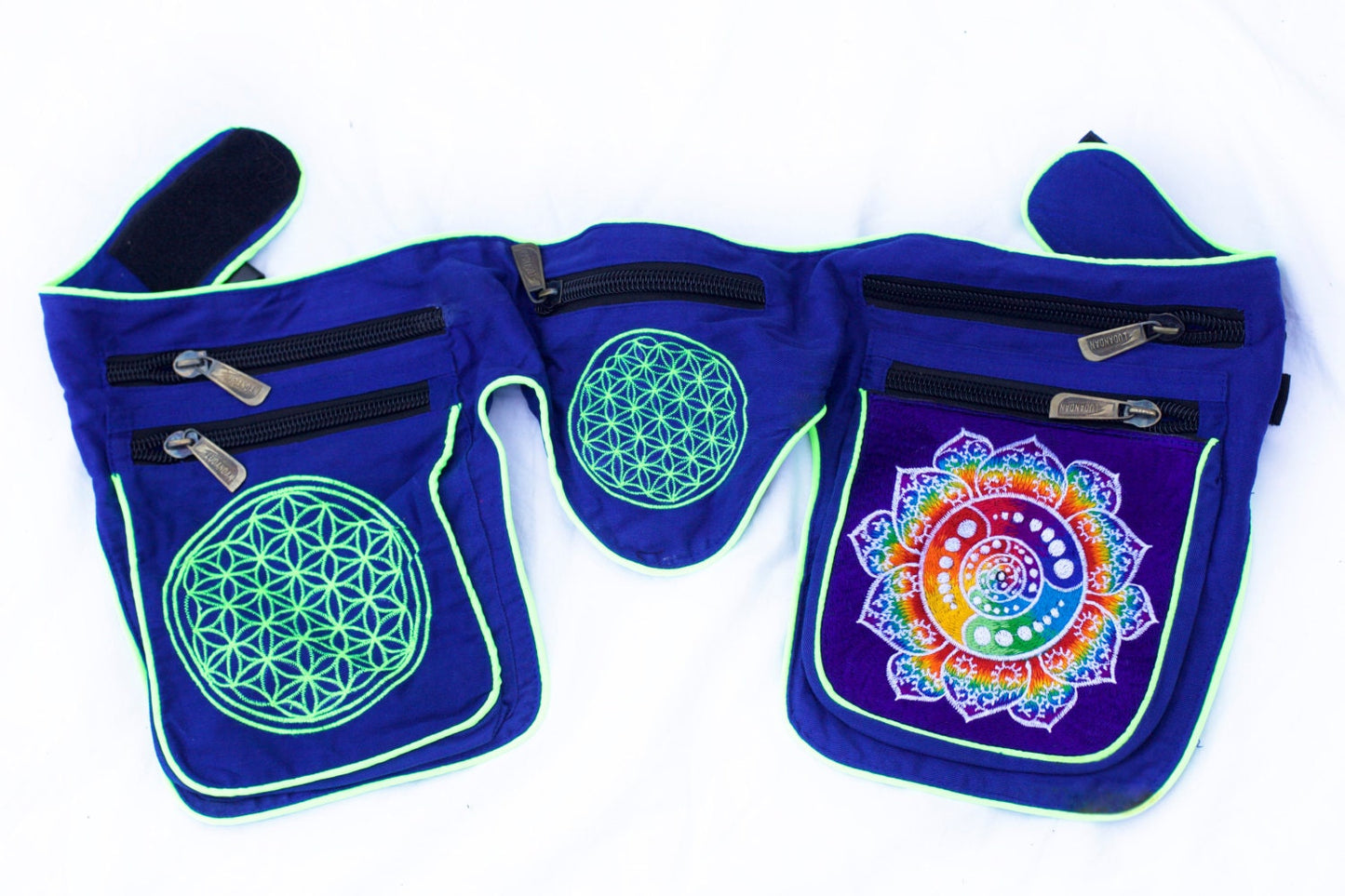 Beltbag Fractal Attributes - 7 pockets, strong ziplocks, size adjustable with hook & loop and clip - blacklight active lines flower of life