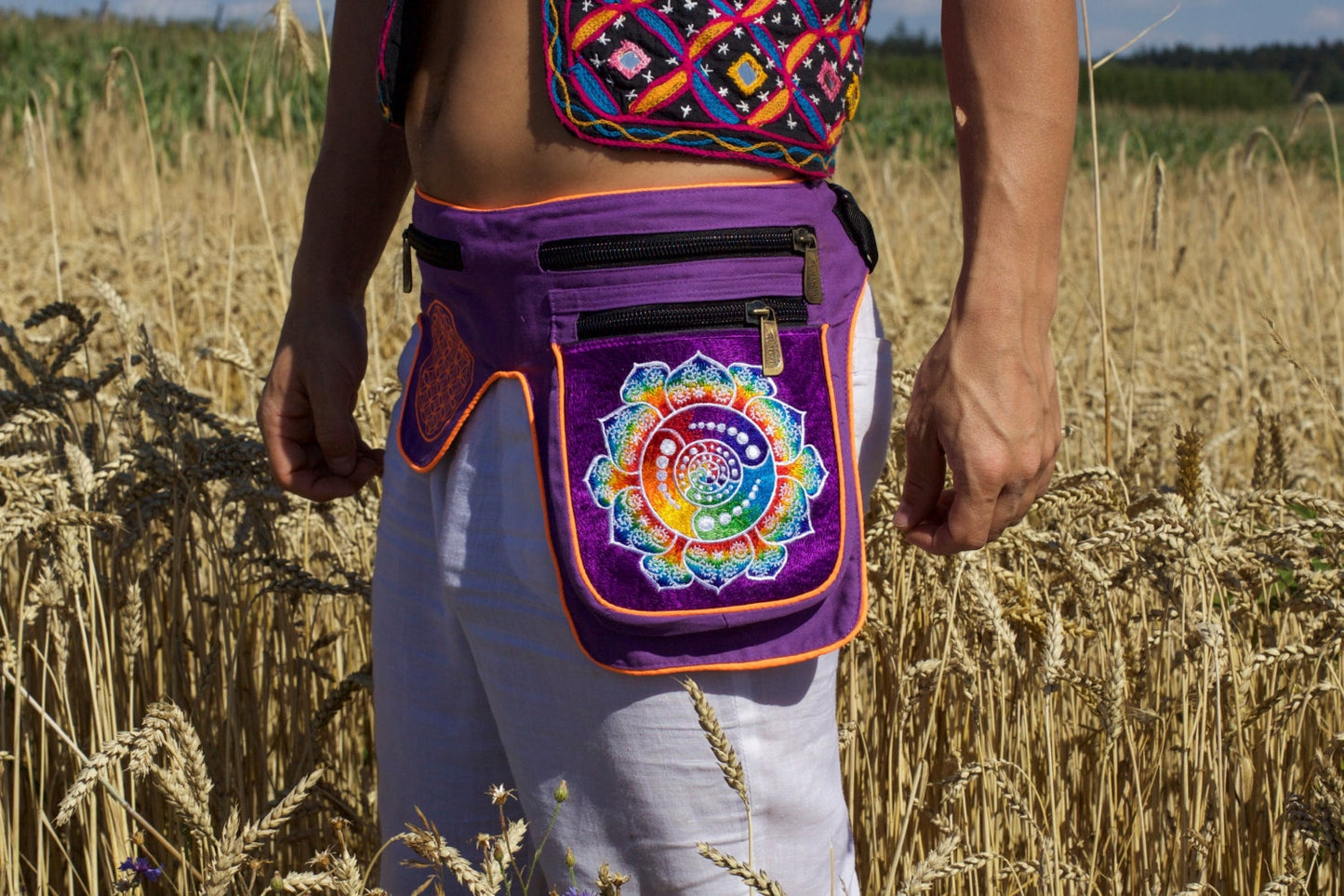 Beltbag Fractal Attributes - 7 pockets, strong ziplocks, size adjustable -- hook & loop and clip - blacklight active lines flower of life