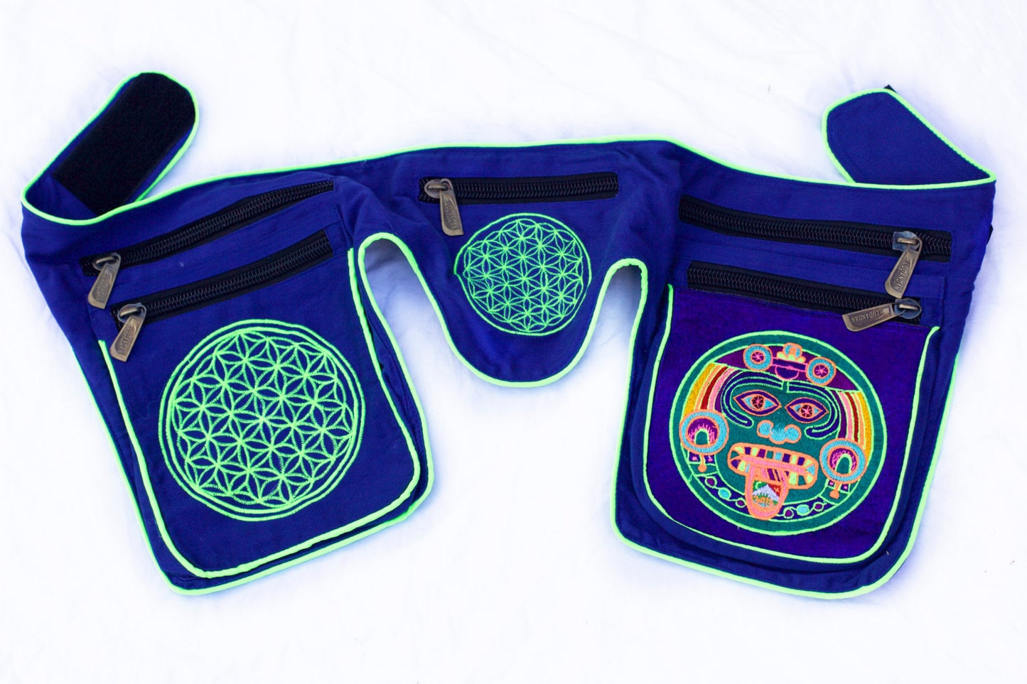 Beltbag blue Hofmann 2012 - 7 pockets, strong ziplocks, size adjustable with hook & loop and clip - blacklight active lines flower of life