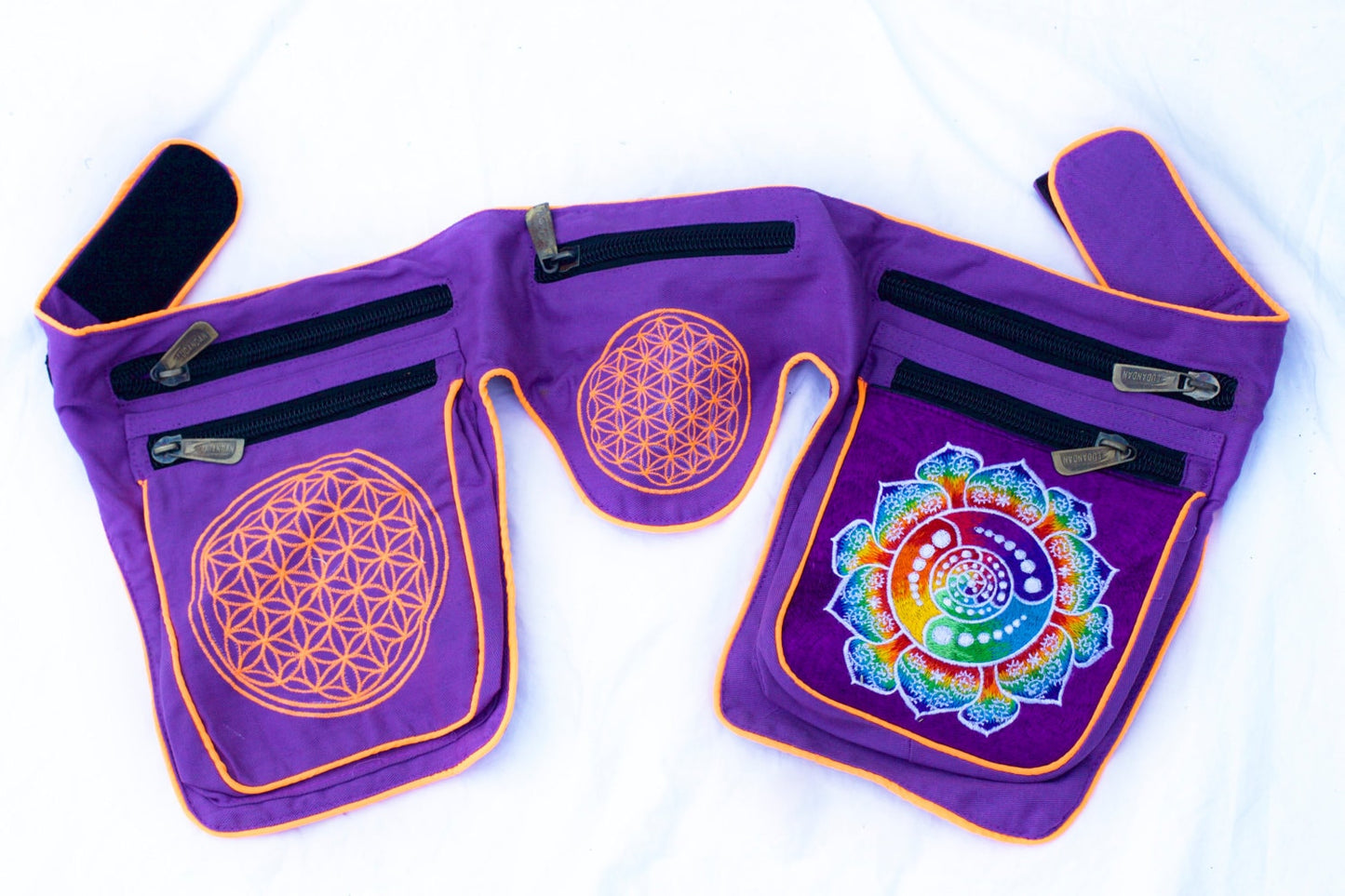 Beltbag Fractal Attributes - 7 pockets, strong ziplocks, size adjustable -- hook & loop and clip - blacklight active lines flower of life