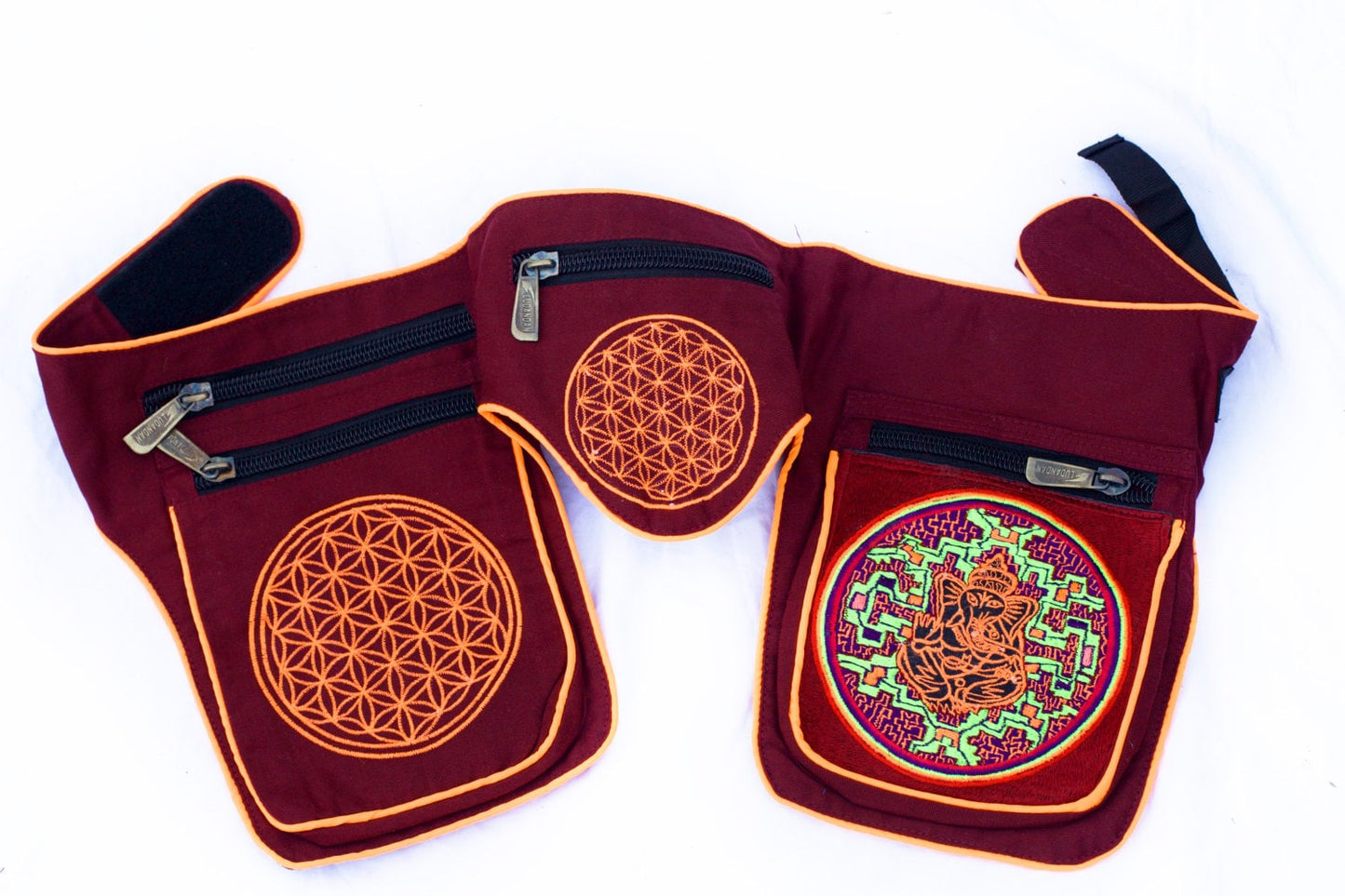 Beltbag Ganeshahuasca red - 7 pockets, strong ziplocks, size adjustable with hook & loop and clip - blacklight active lines good luck