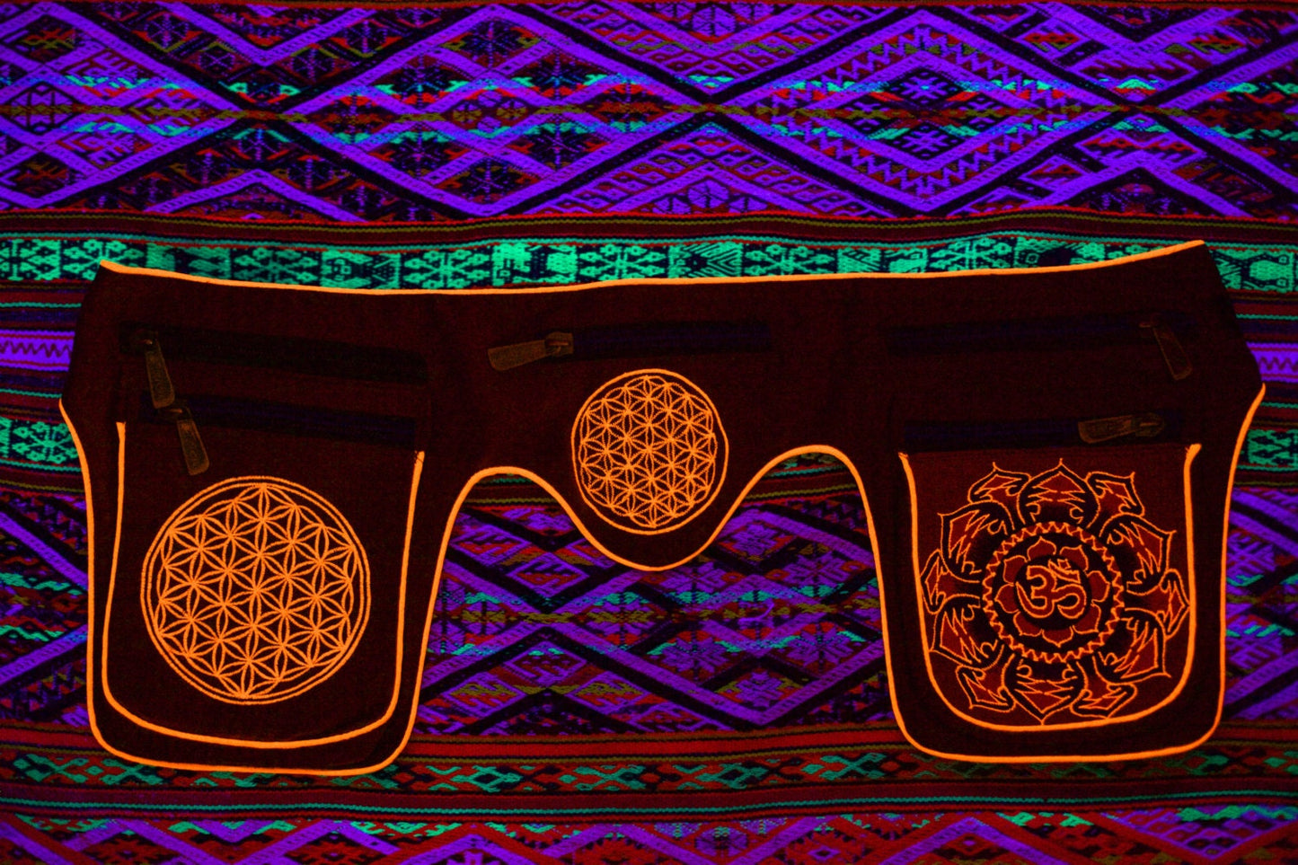Beltbag red purple AUM mandala - 7 pockets, strong ziplocks, size adjustable with hook & loop and clip - blacklight active lines good luck