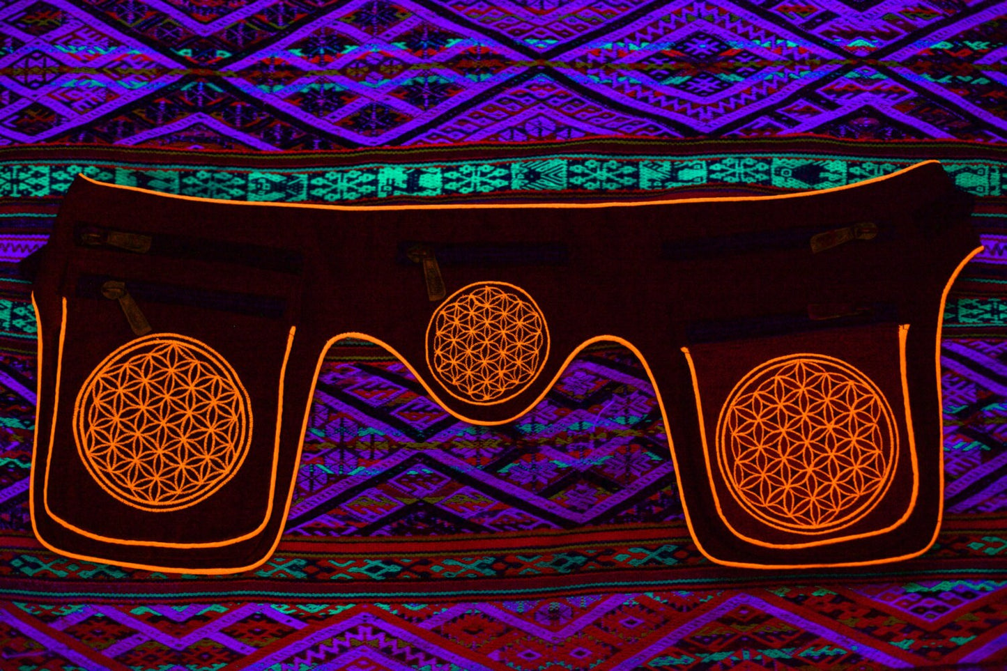 Beltbag red Flower of Life - 7 pockets strong ziplocks size adjustable with hook & loop and clip - blacklight active holy geometry