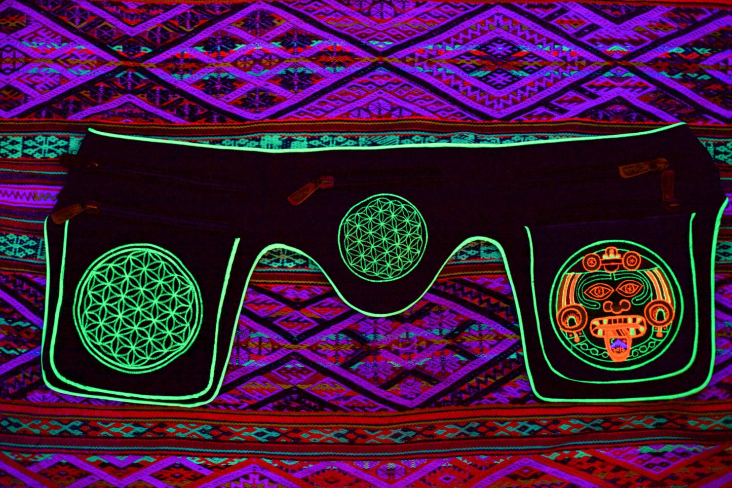 Beltbag turquese Hofmann 2012 - 7 pockets strong ziplocks size adjustable with hook & loop and clip - blacklight active goa acidcalendar