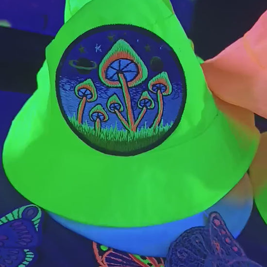 Magic Mushroom UV Yellow Fisherhat blacklight glowing hat with embroidery patch is a real eye catcher and shines beautifully Psytrance Gear