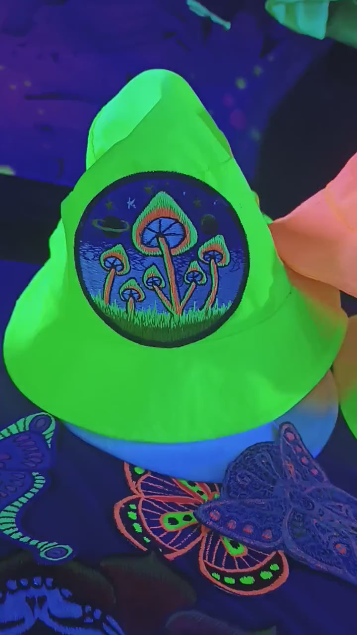 Magic Mushroom UV Yellow Fisherhat blacklight glowing hat with embroidery patch is a real eye catcher and shines beautifully Psytrance Gear