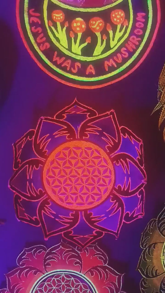 UV orange purple Flower of Life embroidery for sew on - holy geometry sacred blacklight glowing patch