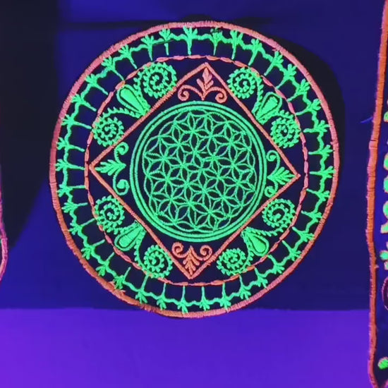 green fractal flower of life patch medium size - blacklight glowing handmade embroidery sacred geometry mandala