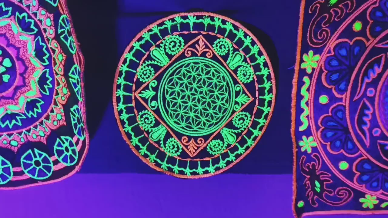 green fractal flower of life patch medium size - blacklight glowing handmade embroidery sacred geometry mandala