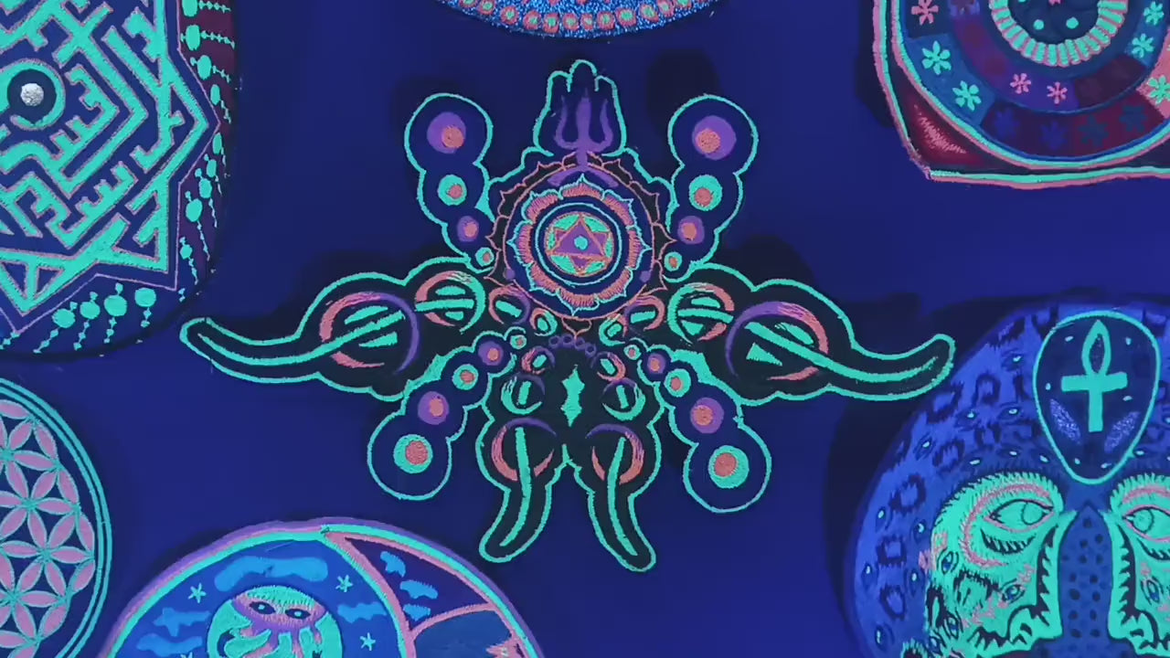 Hyperspace alien embroidery DMT being blacklight glowing UV active psychedelic patch