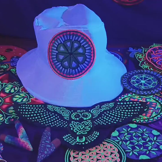 Peyote Mandala White Fisher Hat blacklight glowing hat with embroidery patch sacred mescaline Hikuri Huichol Cactus Art ceremony gear