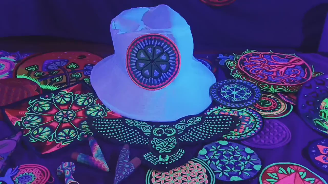 Peyote Mandala White Fisher Hat blacklight glowing hat with embroidery patch sacred mescaline Hikuri Huichol Cactus Art ceremony gear
