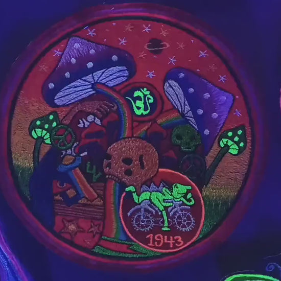 Bicycleday Rainbow Mushroom Skull blacklight embroidery psychedelic patch LSD psy skull magic mushrooms psilos psilocybin goa trance AUM