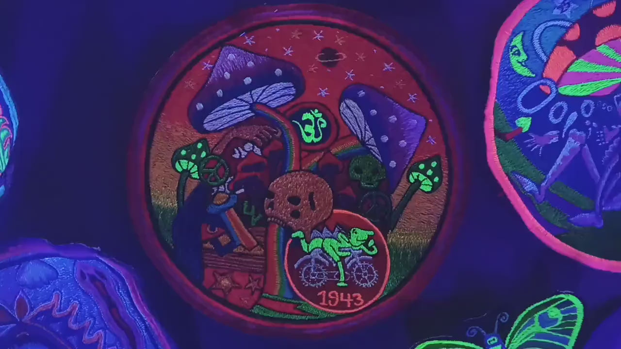 Bicycleday Rainbow Mushroom Skull blacklight embroidery psychedelic patch LSD psy skull magic mushrooms psilos psilocybin goa trance AUM