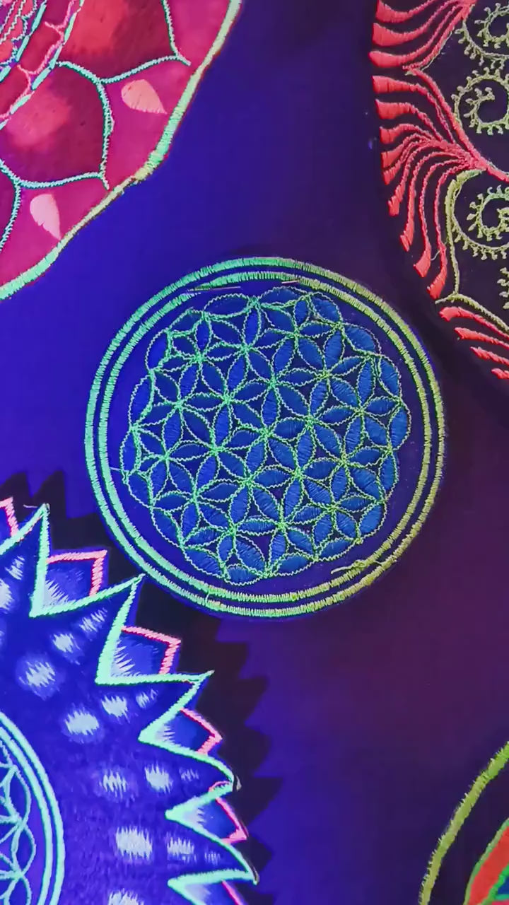 blue flower of life patch small size handmade embroidery sacred geometry in many colour variations