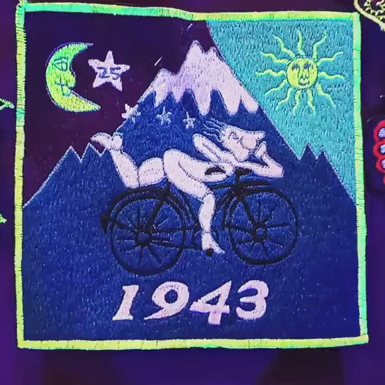 Blue Bicycle Day blacklight LSD Cult Patch Albert Hofmann 1943 Psychedelic Sunshine Acid Trip Hippie Visionary Drug Cosmic Healing Medicine