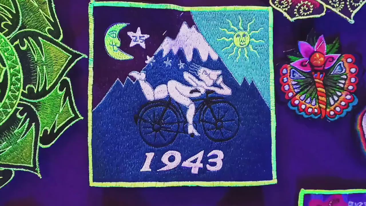 Blue Bicycle Day blacklight LSD Cult Patch Albert Hofmann 1943 Psychedelic Sunshine Acid Trip Hippie Visionary Drug Cosmic Healing Medicine