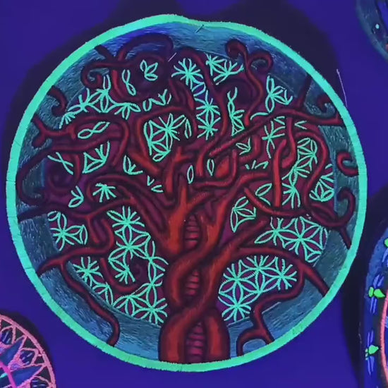 Flower of Life Tree of Life sacred geometry embroidery art patch blacklight glowing uv active for sew on machine washable ironable