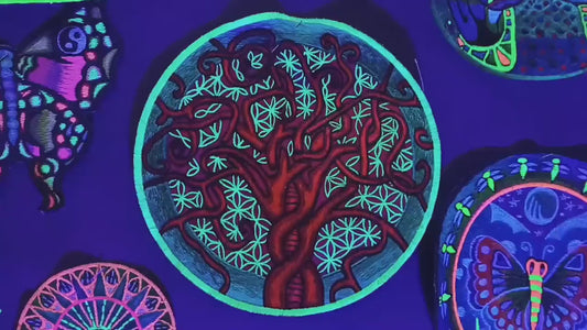 Flower of Life Tree of Life sacred geometry embroidery art patch blacklight glowing uv active for sew on machine washable ironable