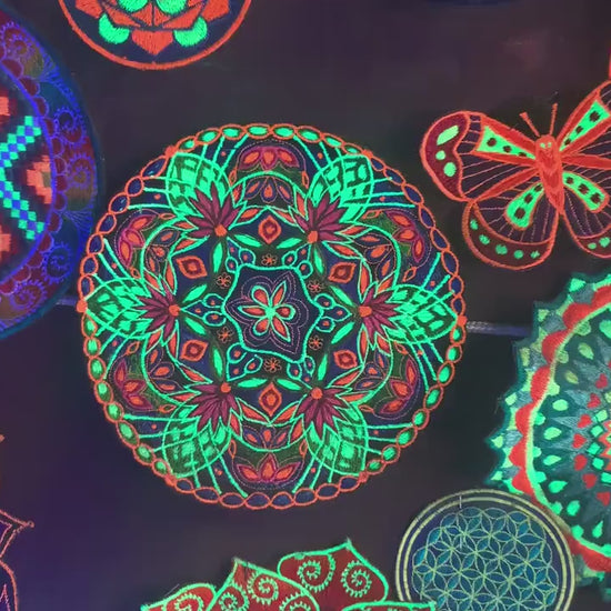 Hyperspace Lotus Mandala art blacklight glowing patch magnificent high detail psychedelic embroidery