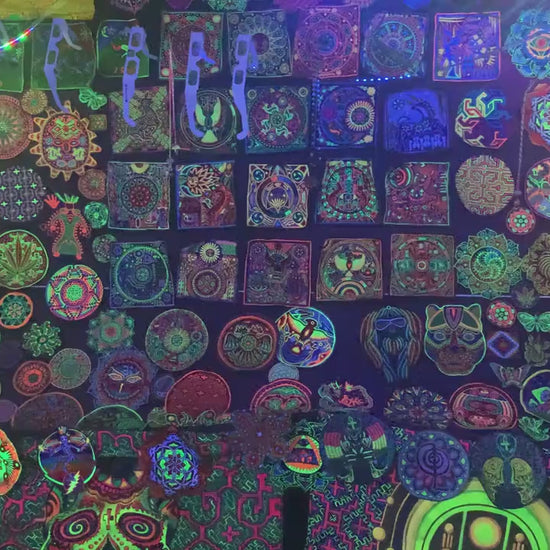 Huichol Peyote Sun embroidery art psychedelic artwork mescaline blacklight glowing colors shamanic sunshine healing mandala