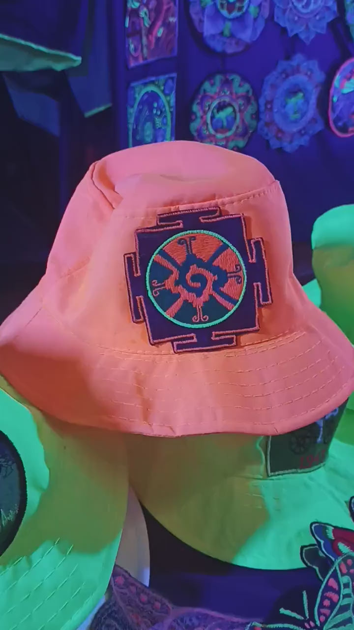 Hunab Ku UV Orange Fisher Hat blacklight glowing with embroidery patch sacred center of galaxy the one god Unity of Dualism Maya Calendar