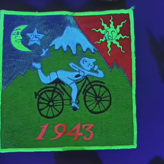 Hofmann Bicycle Day LSD T-Shirt blacklight handmade embroidery no print goa t-shirt Timothy Leary Albert Hofmann vintage bicycleday art