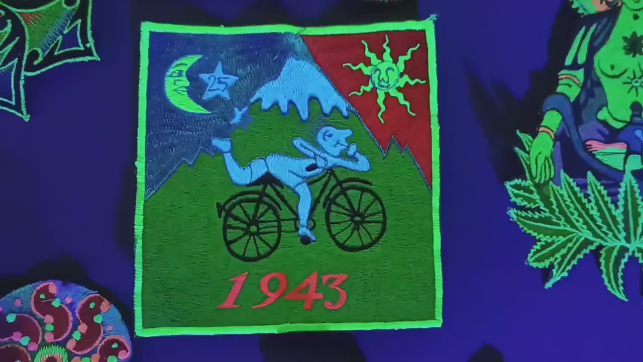 Hofmann Bicycle Day LSD T-Shirt blacklight handmade embroidery no print goa t-shirt Timothy Leary Albert Hofmann vintage bicycleday art