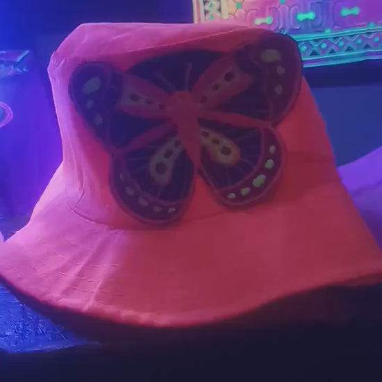 Butterfly Fisher Hat UV Orange blacklight glowing with embroidery patch psychedelic trance goatrance hippie fisherhat beautiful hippie hat
