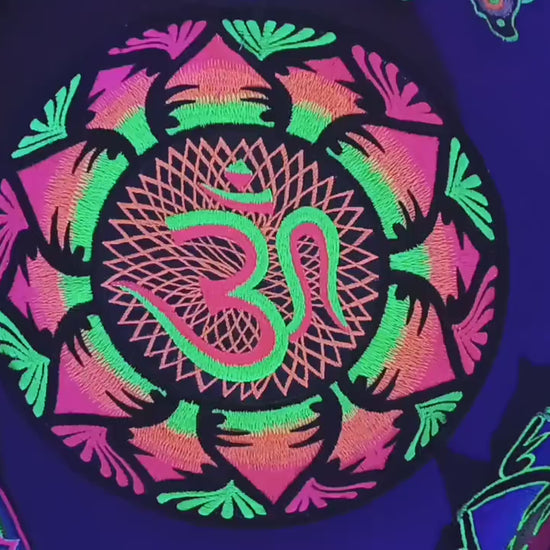 UV Blacklight Aum Mandala Embroidery Cosmic Music Goa Trance Festival OM Psytrance Big Size Patch with maximum neon glowing effect