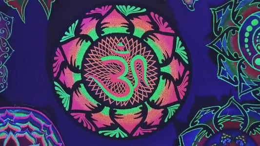 UV Blacklight Aum Mandala Embroidery Cosmic Music Goa Trance Festival OM Psytrance Big Size Patch with maximum neon glowing effect
