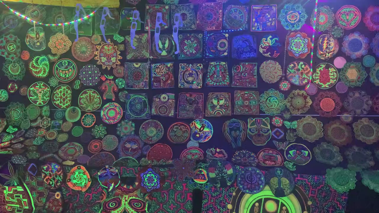 Huichol Sun Mandala embroidery art shaman artwork mescaline blacklight glowing magic cactus indigene decoration UV active shining