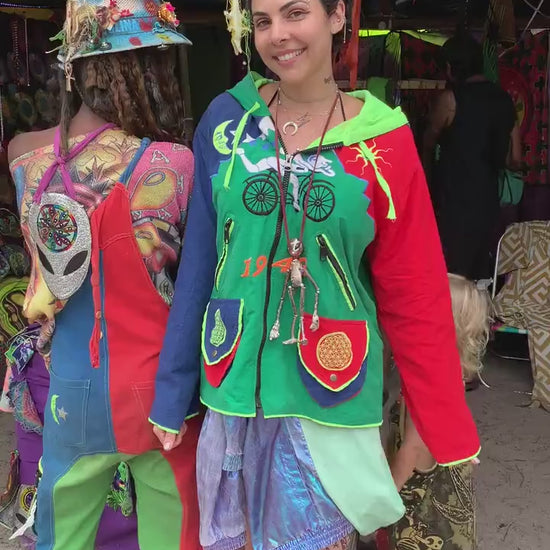 LSD Bicycle Day UV jacket in Blue & Black - blacklight active 4 pockets flower of life hoody Albert Hofmann vintage art psychedelic clothing