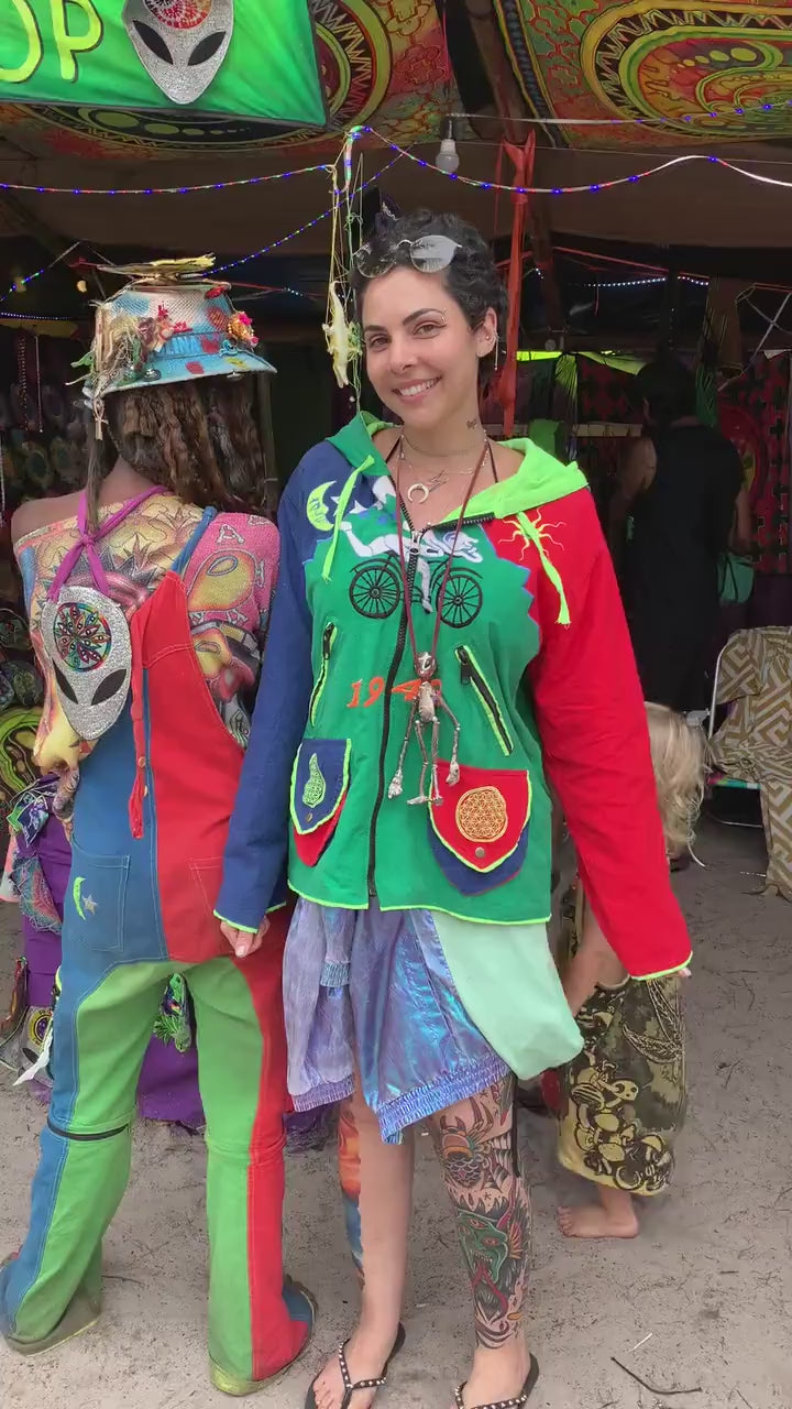 LSD Bicycle Day UV jacket in Blue & Black - blacklight active 4 pockets flower of life hoody Albert Hofmann vintage art psychedelic clothing