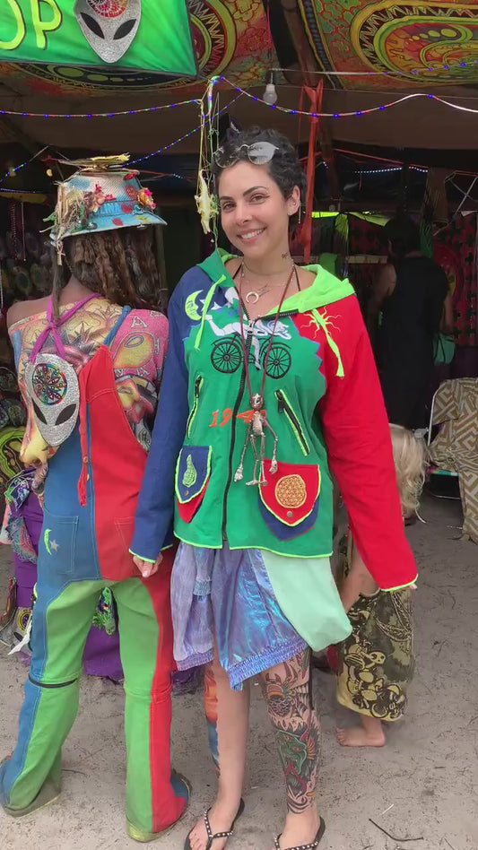 LSD Bicycle Day UV jacket in Blue & Black - blacklight active 4 pockets flower of life hoody Albert Hofmann vintage art psychedelic clothing