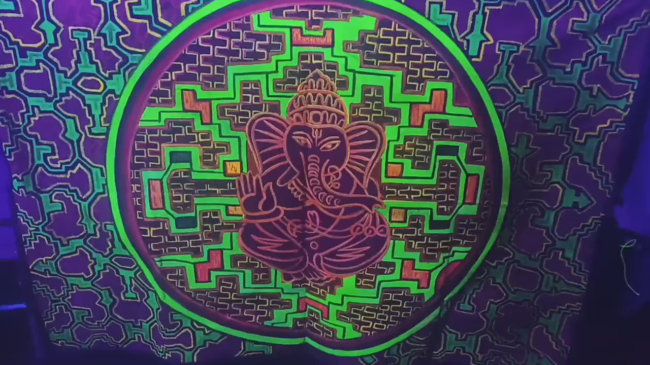 Ganesha Ayahuasca UV Painting - 90x60cm - handmade on order - fully blacklight glowing colors - psychedelic dmt visionary artwork