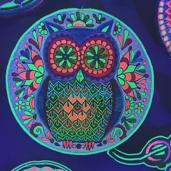 The Psychedelic Rainbow Owl embroidery patch blacklight active handmade masterpiece art