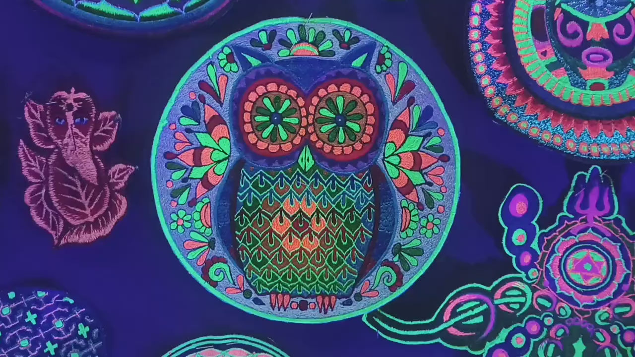 The Psychedelic Rainbow Owl embroidery patch blacklight active handmade masterpiece art