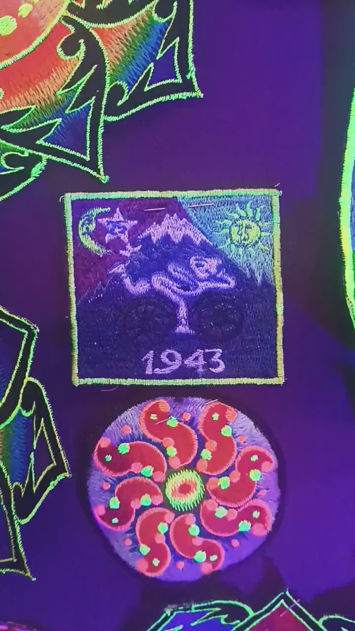 Blue Bicycle Day LSD Patch blacklight vintage embroidery Albert Hofmann 1943 Psychedelic  Hippie Visionary Drug Cosmic Healing Medicine