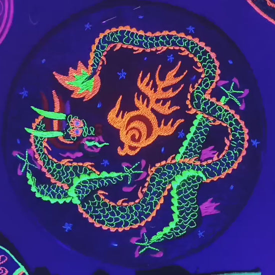 Dragon mandala embroidery patch blacklight active handmade art comet asteroid meteor