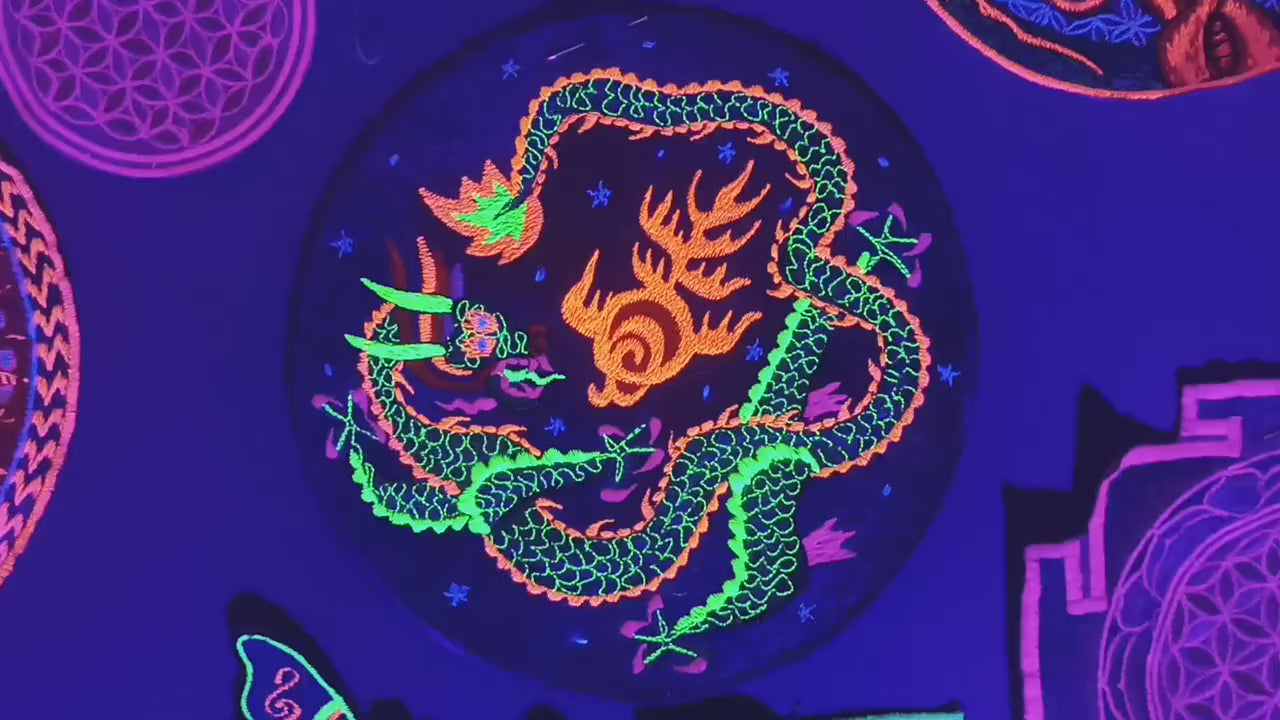 Dragon mandala embroidery patch blacklight active handmade art comet asteroid meteor