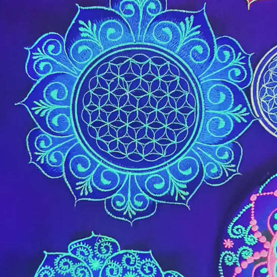 Blue Flower of Life embroidery patch for sew on - holy geometry sacred healing flower mandala