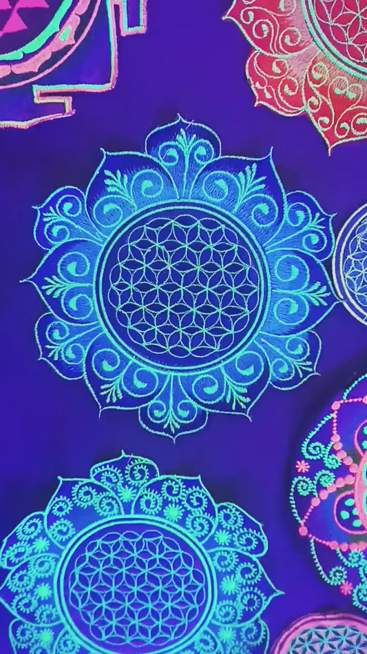 Blue Flower of Life embroidery patch for sew on - holy geometry sacred healing flower mandala