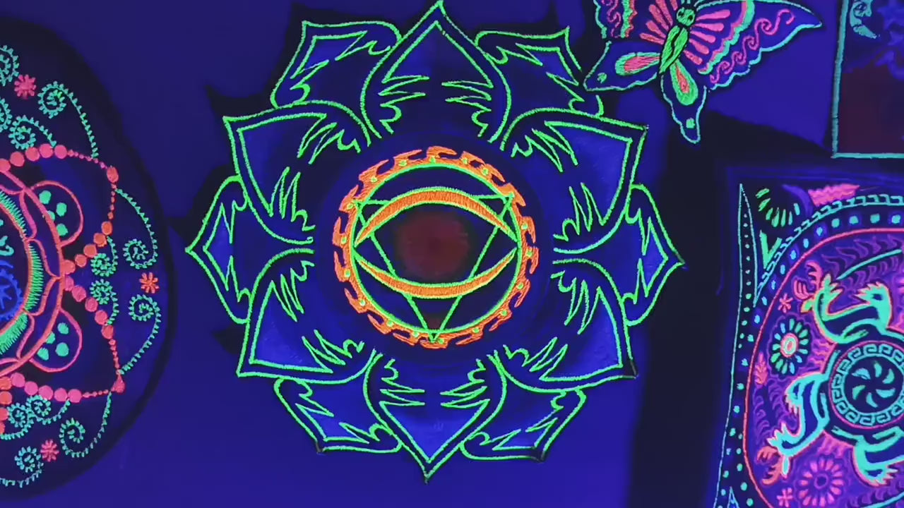 Allseeing Eye mandala embroidery patch blacklight active handmade art psychedelic consciousness expansion