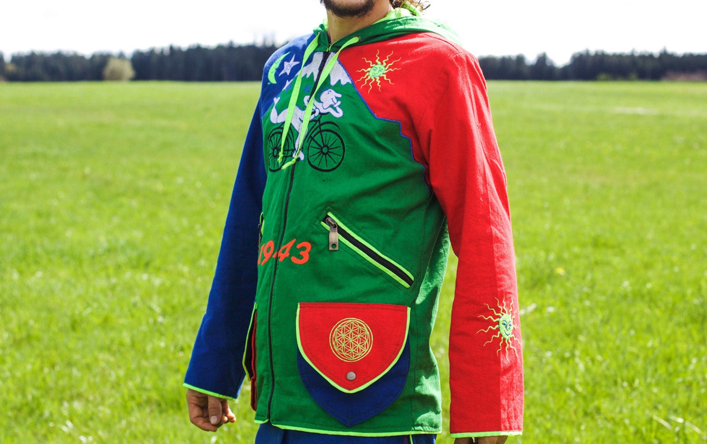 Albert Hofmann Bicycle Day UV jacket - handmade in any size - blacklight active 4 pockets with hoody and flower of life embroidery