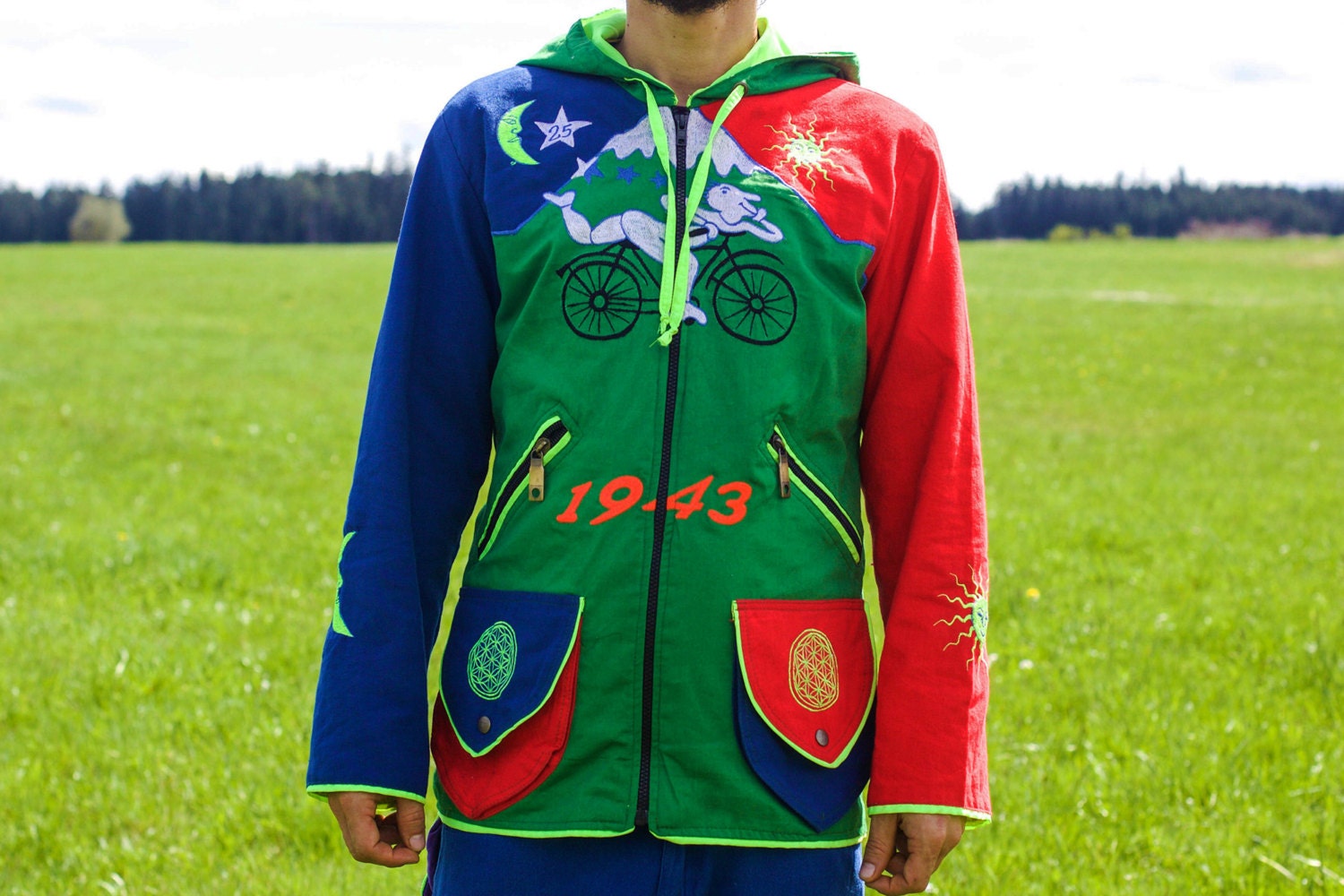 Albert Hofmann Bicycle Day UV jacket - handmade in any size - blacklight active 4 pockets with hoody and flower of life embroidery