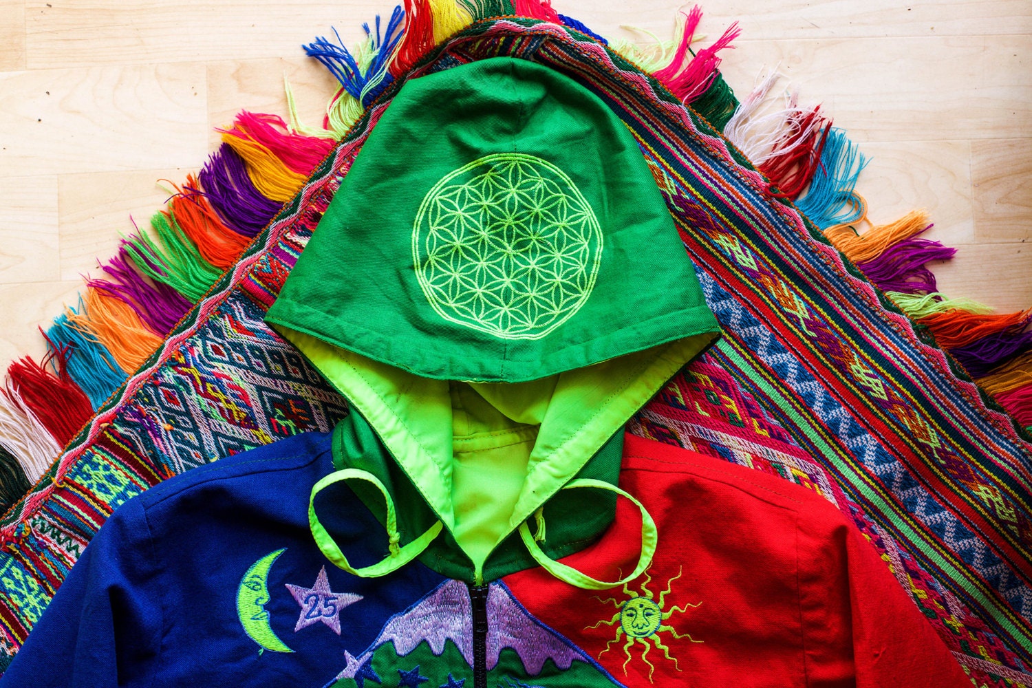 Albert Hofmann Bicycle Day UV jacket - handmade in any size - blacklight active 4 pockets with hoody and flower of life embroidery