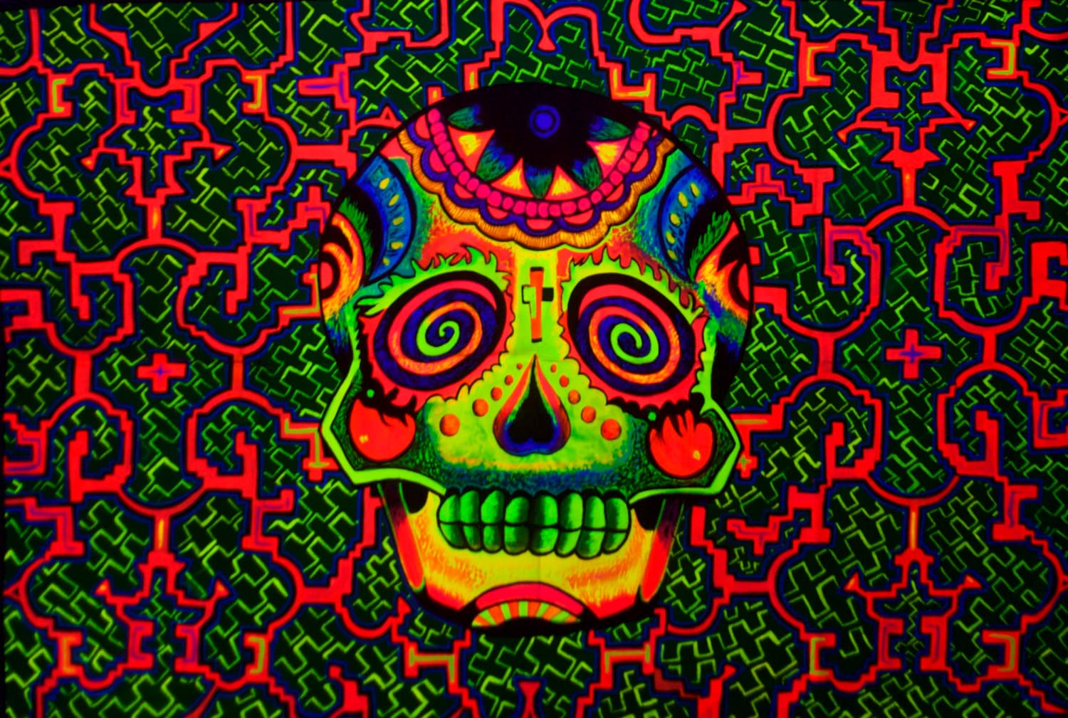 Psychedelic Skull UV Painting - 90x60cm - handmade on order - fully blacklight glowing colors - grateful dead artwork