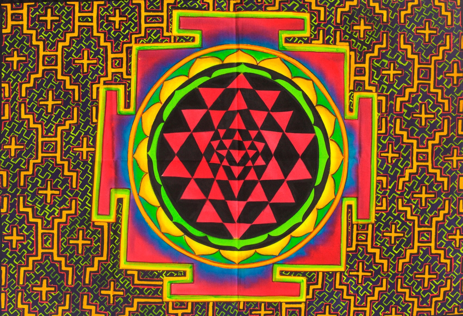 Shri Yantra UV Painting - 90x60cm - handmade on order - fully blacklight glowing colors - sacred geometry artwork